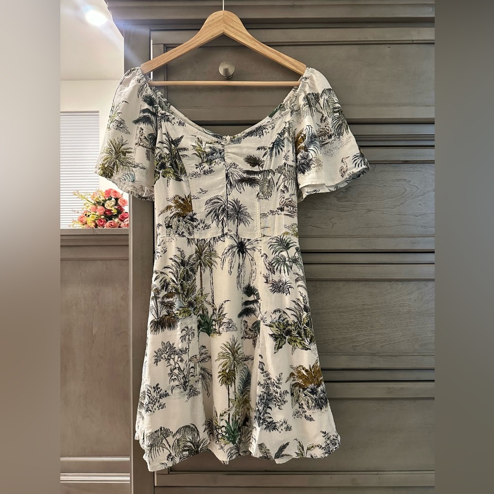 Zara Cream and Green Tropical Midi Dress